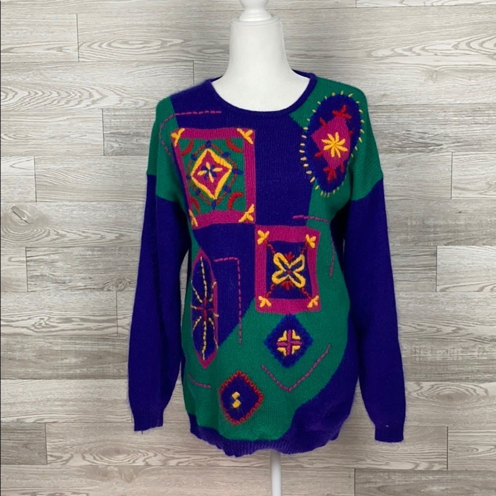 Santoria VTG Purple Geometric Wool Angora Sweater